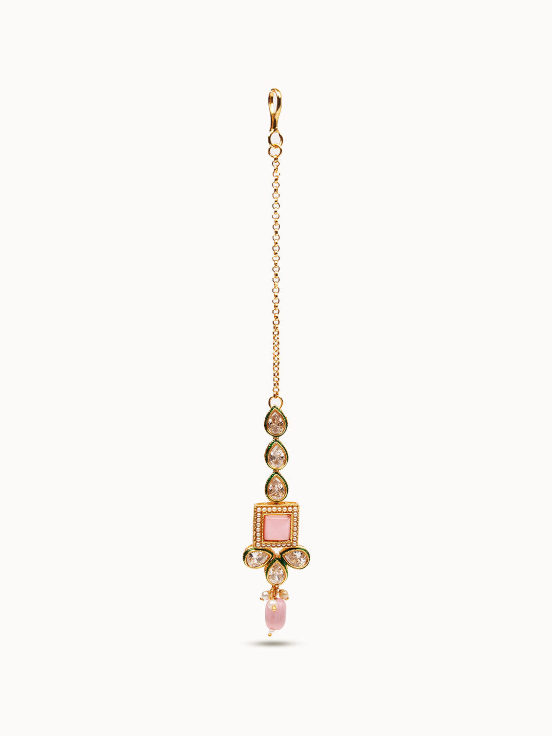 Golden & Pink Kundan Necklace Set With Earrings & Tikaa