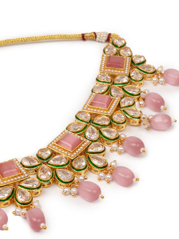 Golden & Pink Kundan Necklace Set With Earrings & Tikaa