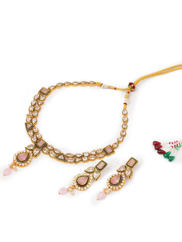 Golden & White Polki Necklace Set With Earrings