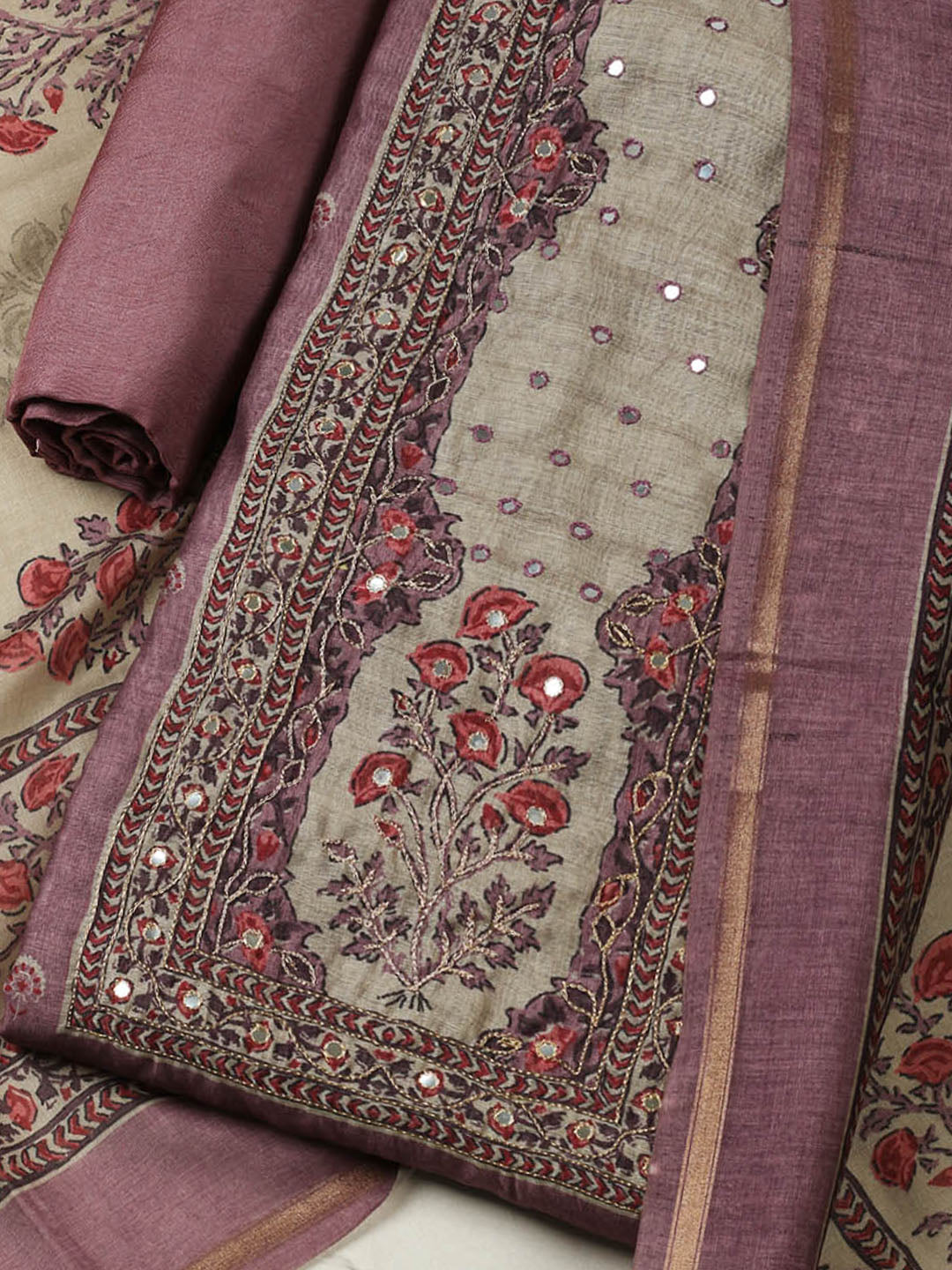 Printed Chanderi Unstitched Suit With Pant &amp; Dupatta