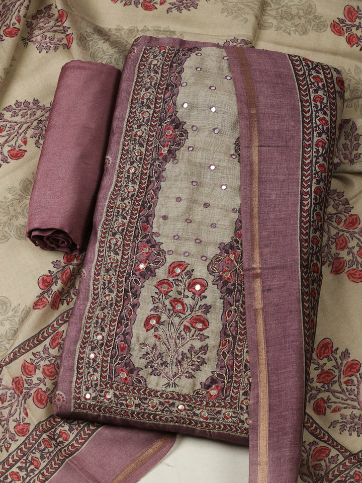 Printed Chanderi Unstitched Suit With Pant &amp; Dupatta