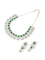 Silver & Green Ad Necklace Set With Earrings