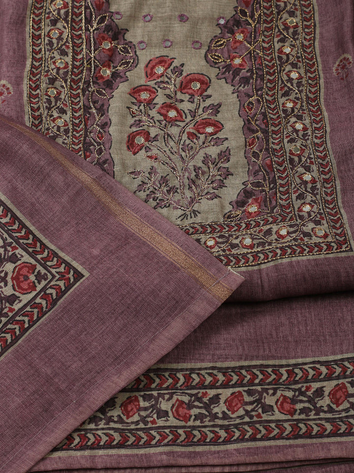 Printed Chanderi Unstitched Suit With Pant &amp; Dupatta