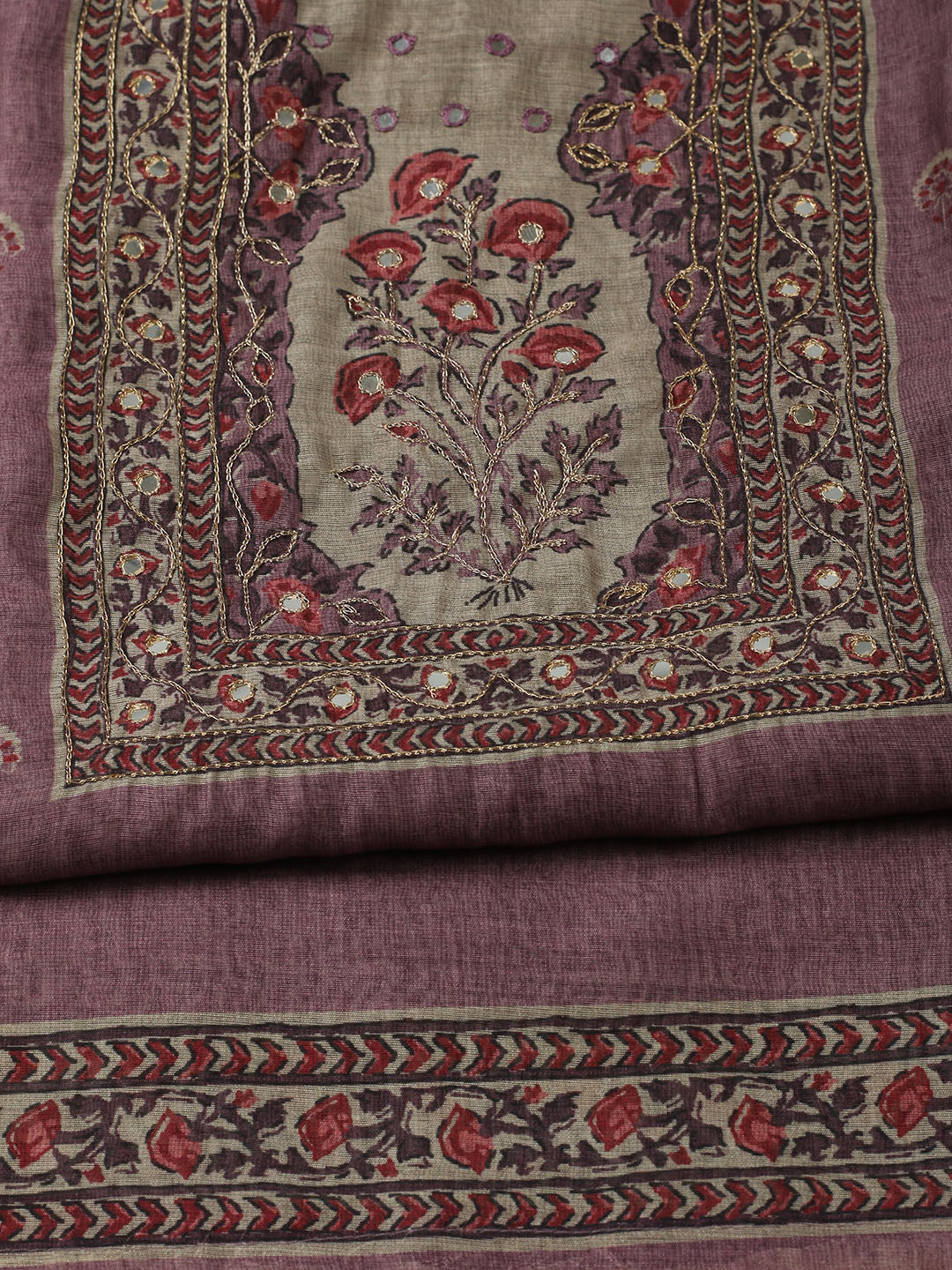 Printed Chanderi Unstitched Suit With Pant &amp; Dupatta
