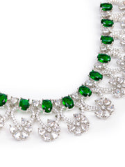 Silver & Green Ad Necklace Set With Earrings