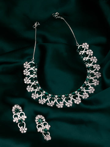 Silver & Green Ad Necklace Set With Earrings