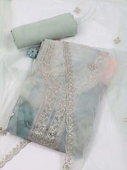 Neck Embroidered Printed Organza Unstitched Suit Piece With Dupatta