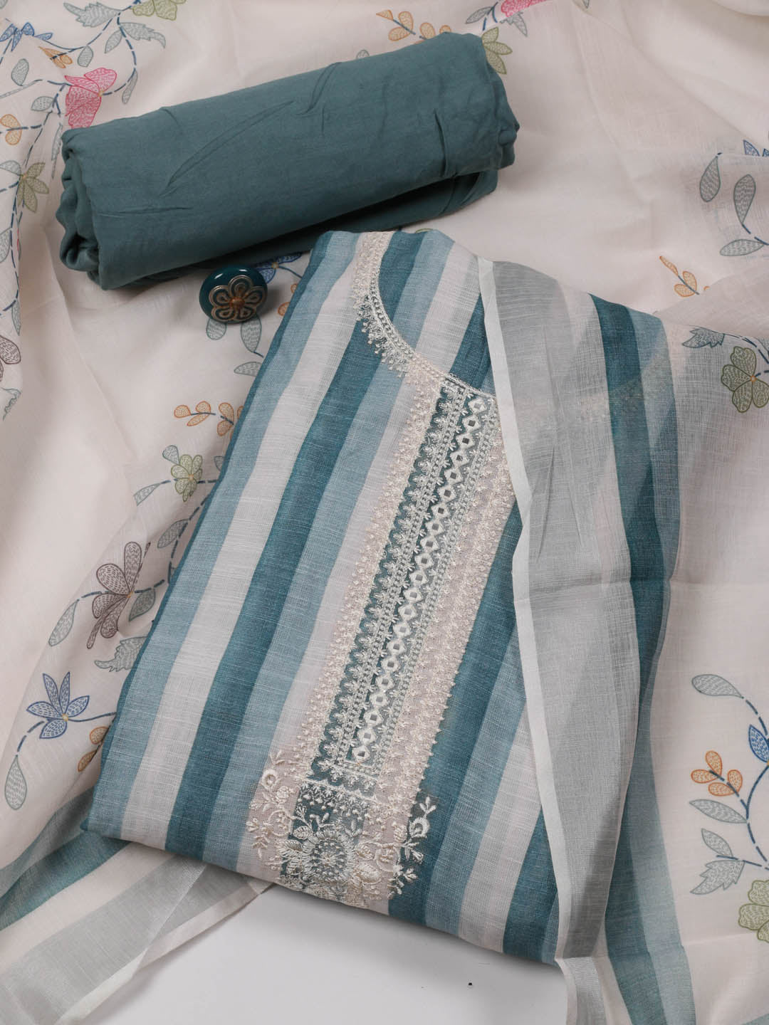 Striped Printed Linen Unstitched Suit Piece With Dupatta