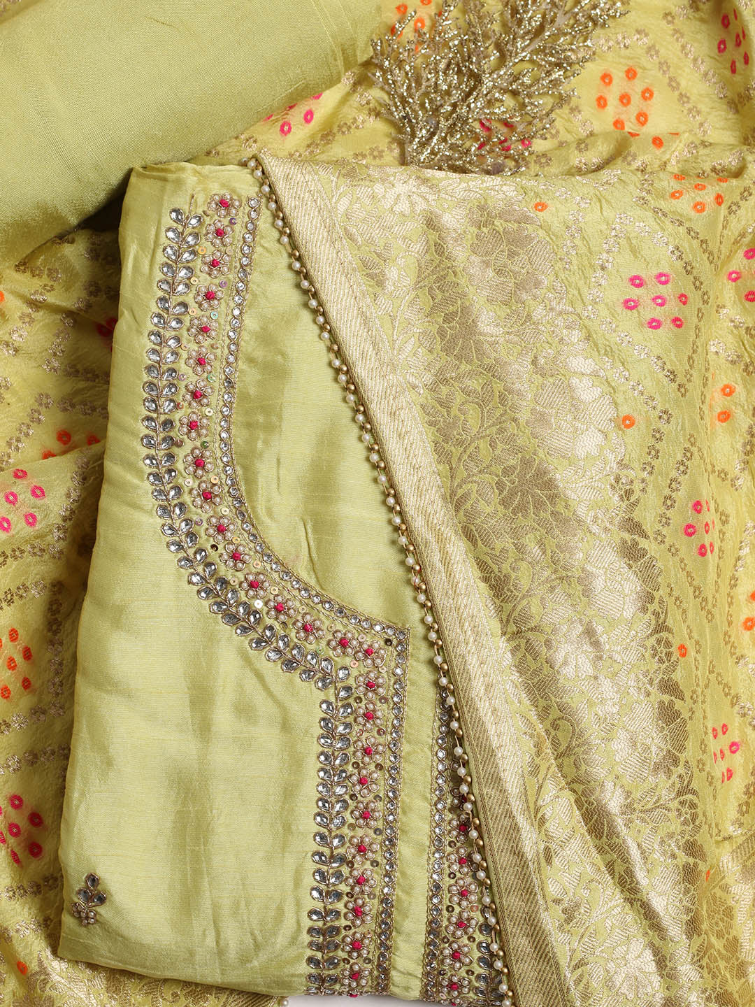 Neck Embroidered Chanderi Unstitched Suit Piece With Dupatta