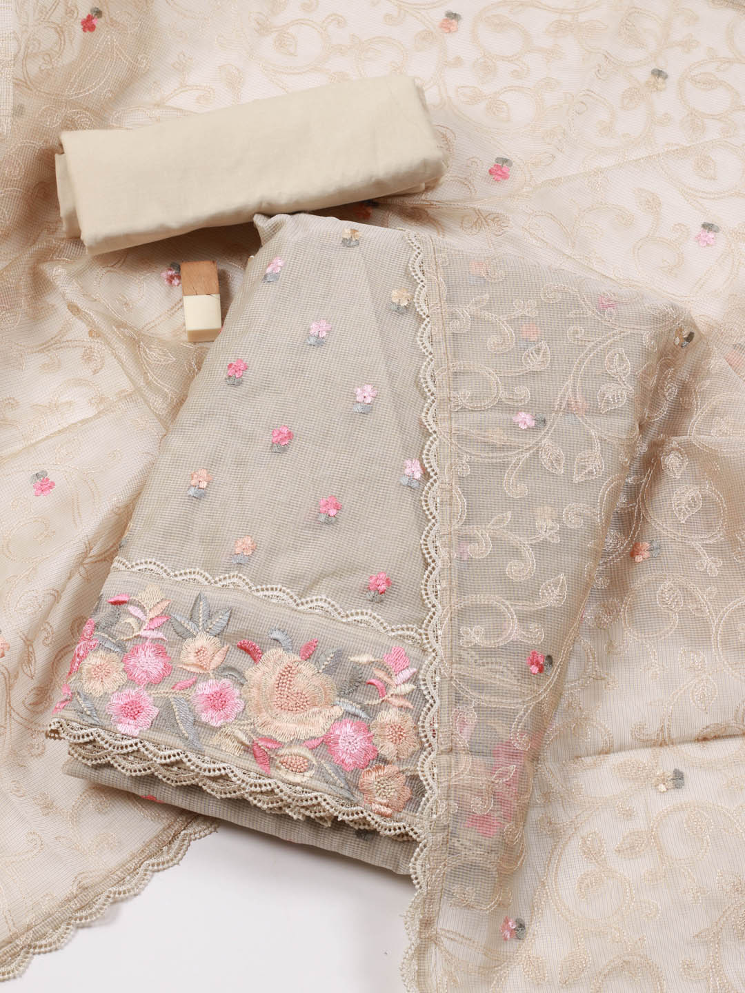 Resham Floral Embroidery Cotton Unstitched Suit Piece With Dupatta