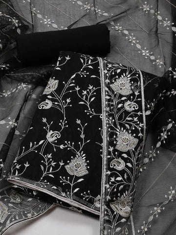 Floral Resham Embroidery Cotton Unstitched Suit Piece With Dupatta