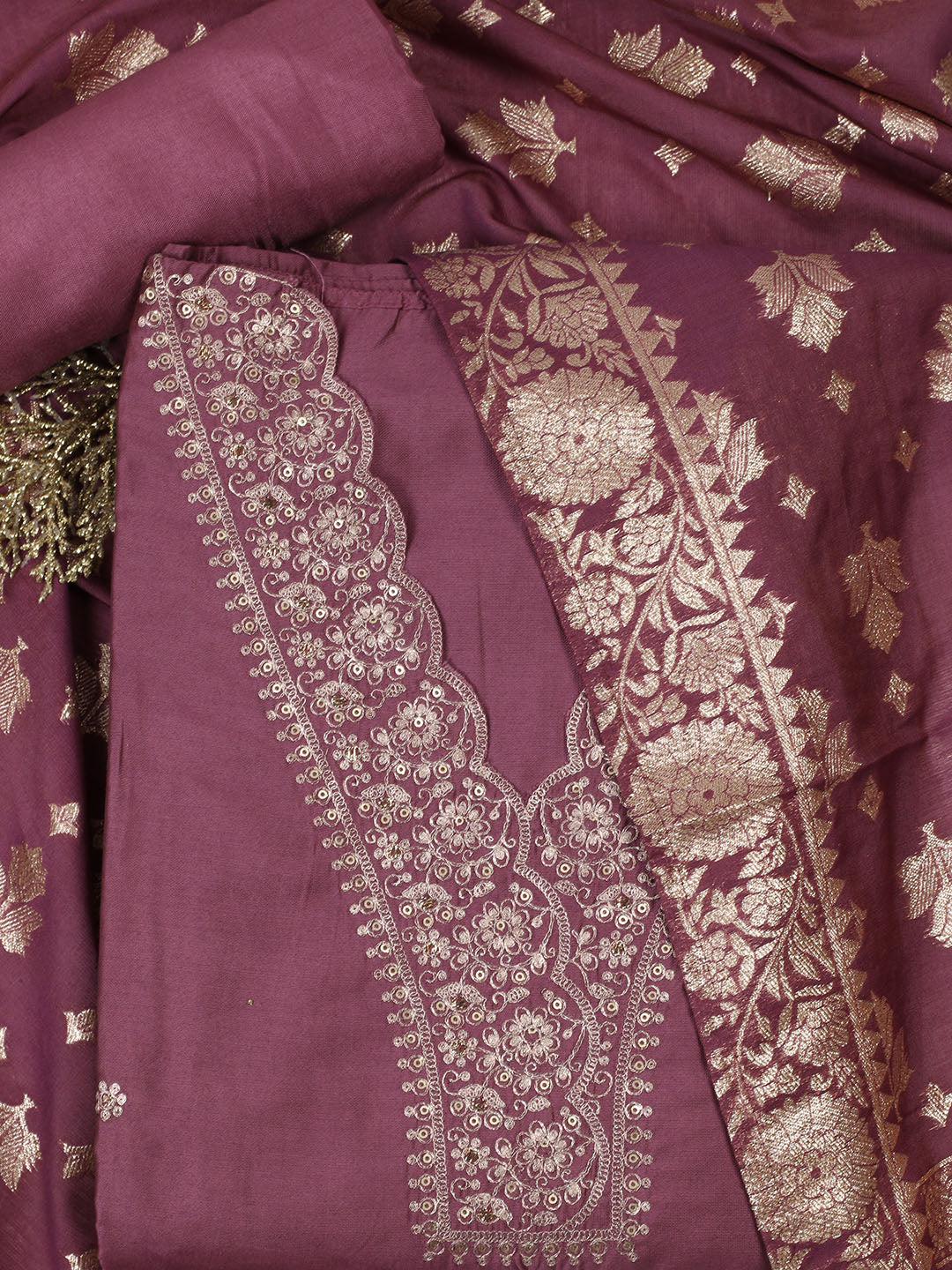 Embroidered Chanderi Unstitched Suit Piece With Banarsi Dupatta