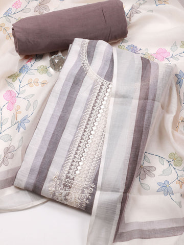 Striped Printed Linen Unstitched Suit Piece With Dupatta