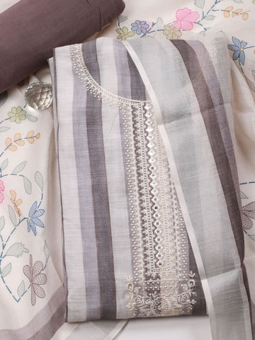 Striped Printed Linen Unstitched Suit Piece With Dupatta