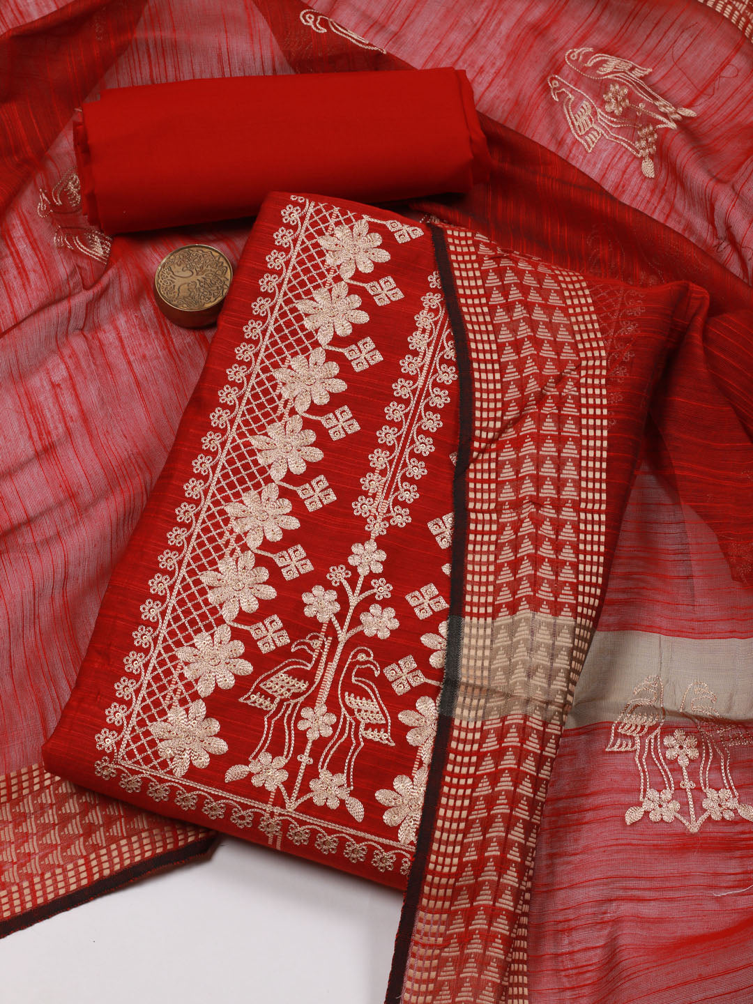 Neck Embroidery Chanderi Unstitched Suit Piece With Dupatta
