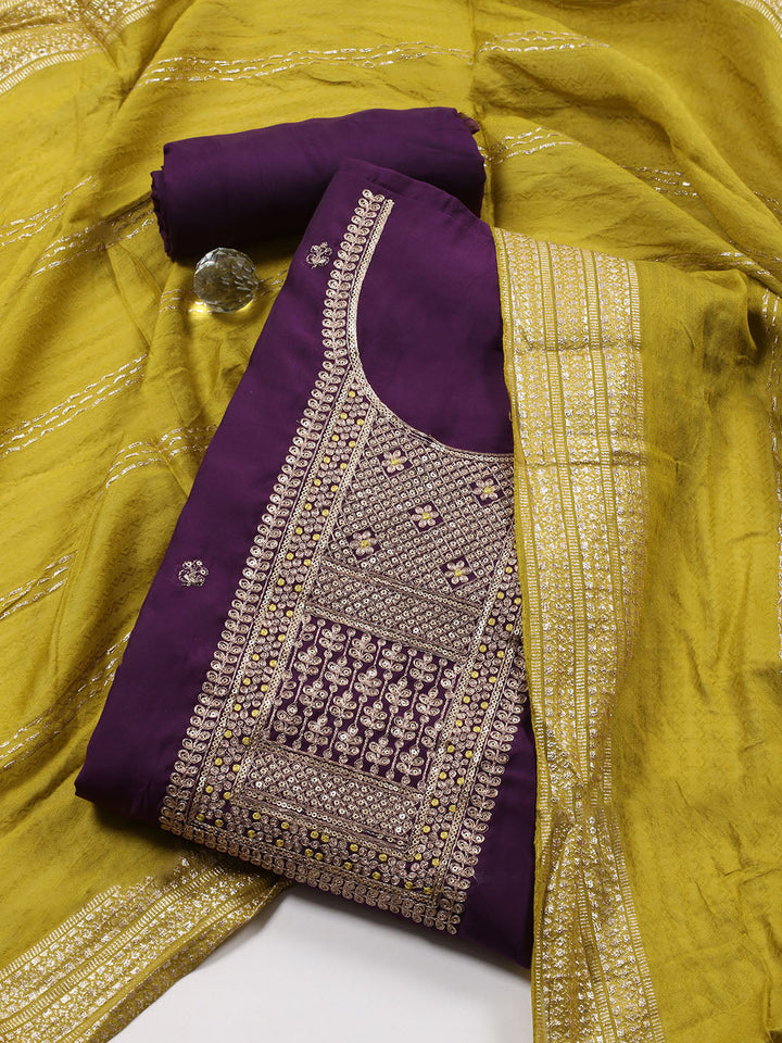 Neck Embroidered Chanderi Unstitched Suit Piece With Dupatta