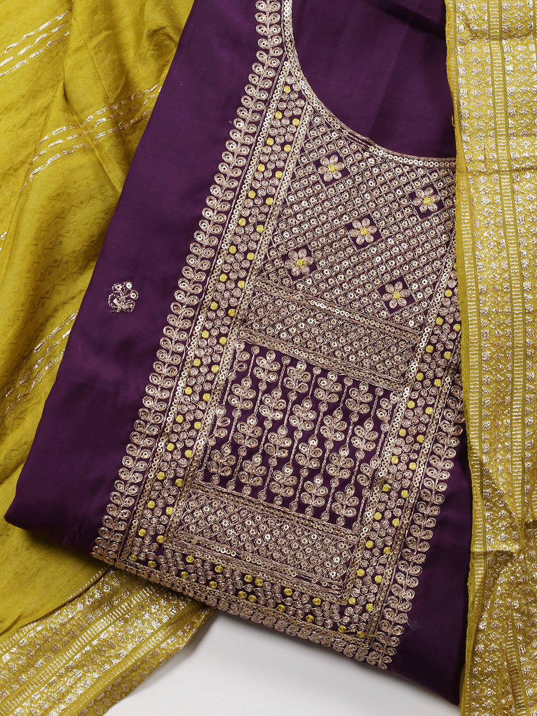 Neck Embroidered Chanderi Unstitched Suit Piece With Dupatta