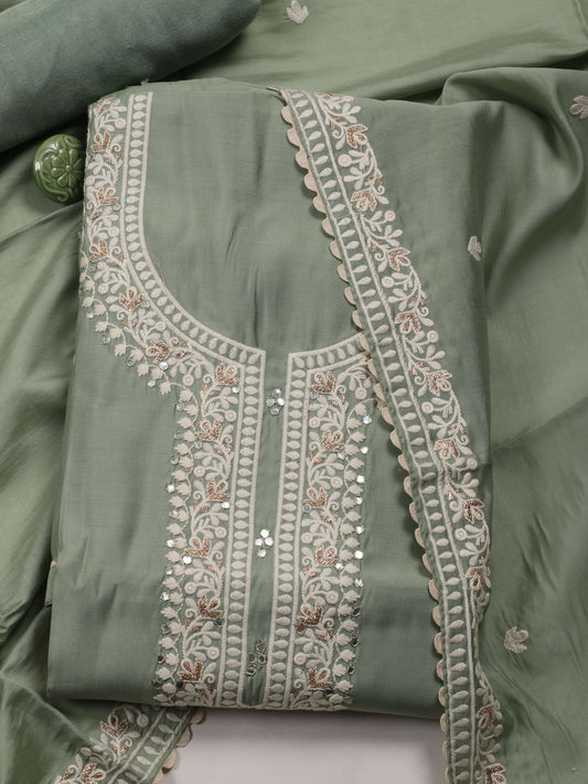 Neck Embroidered Chanderi Unstitched Suit With Dupatta