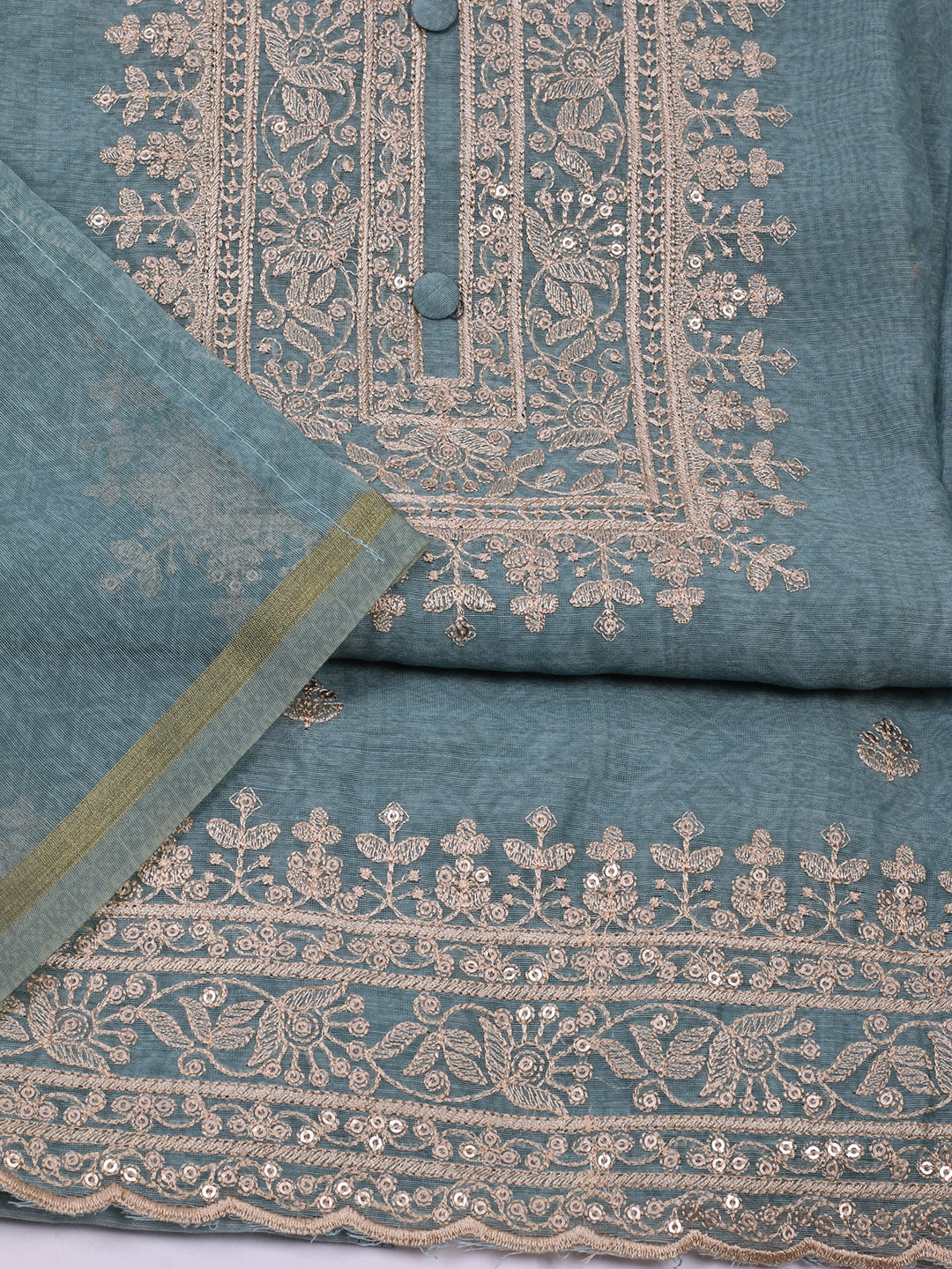 Thread Embroidered Chanderi Unstitched Suit Piece With Dupatta