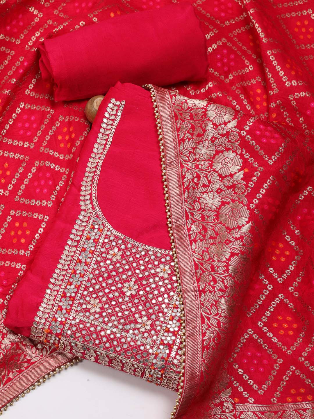 Neck Embroidery Chanderi Unstitched Suit Piece With Dupatta