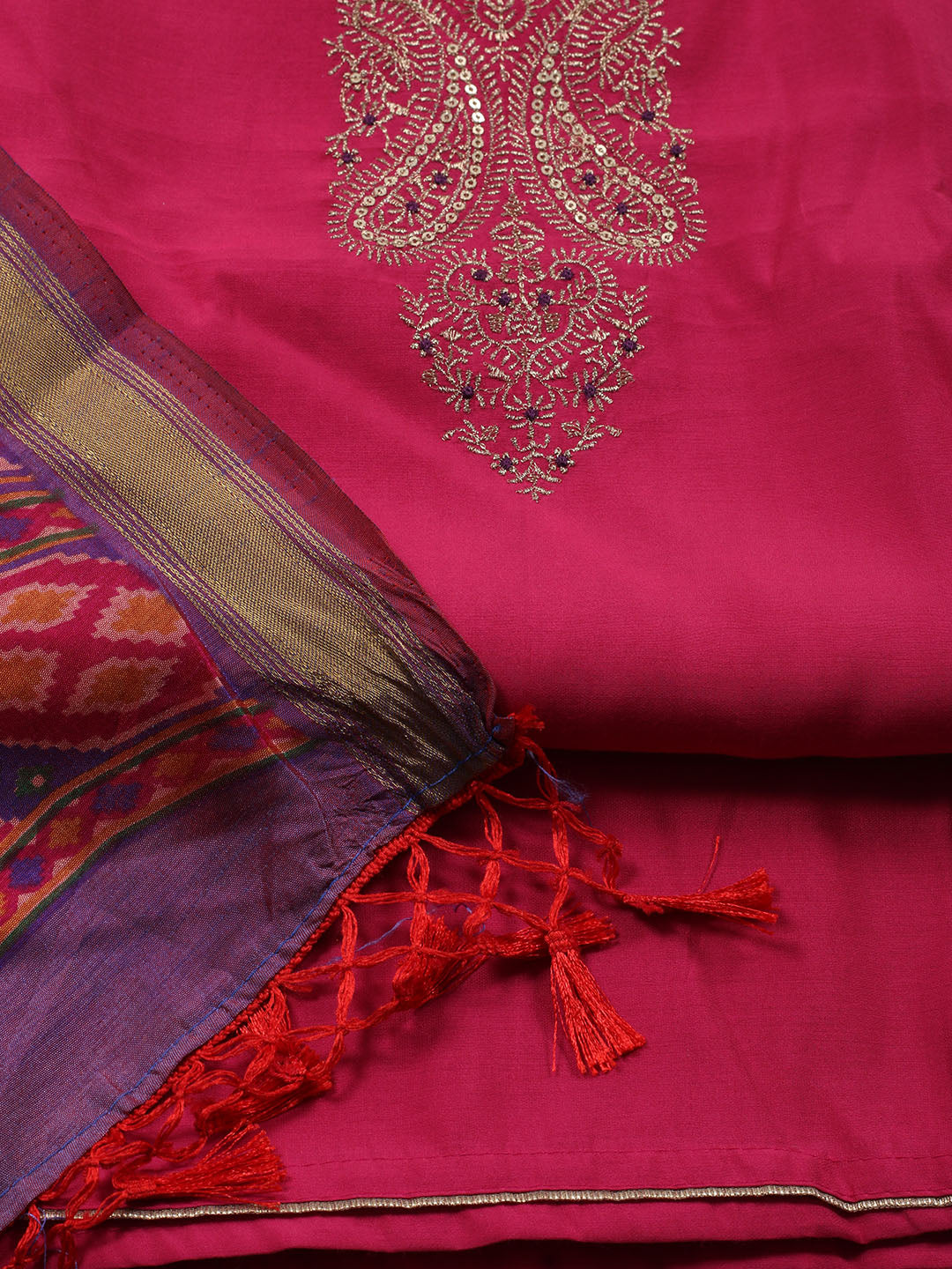 Neck Embroidered Chanderi Unstitched Suit Piece With Dupatta