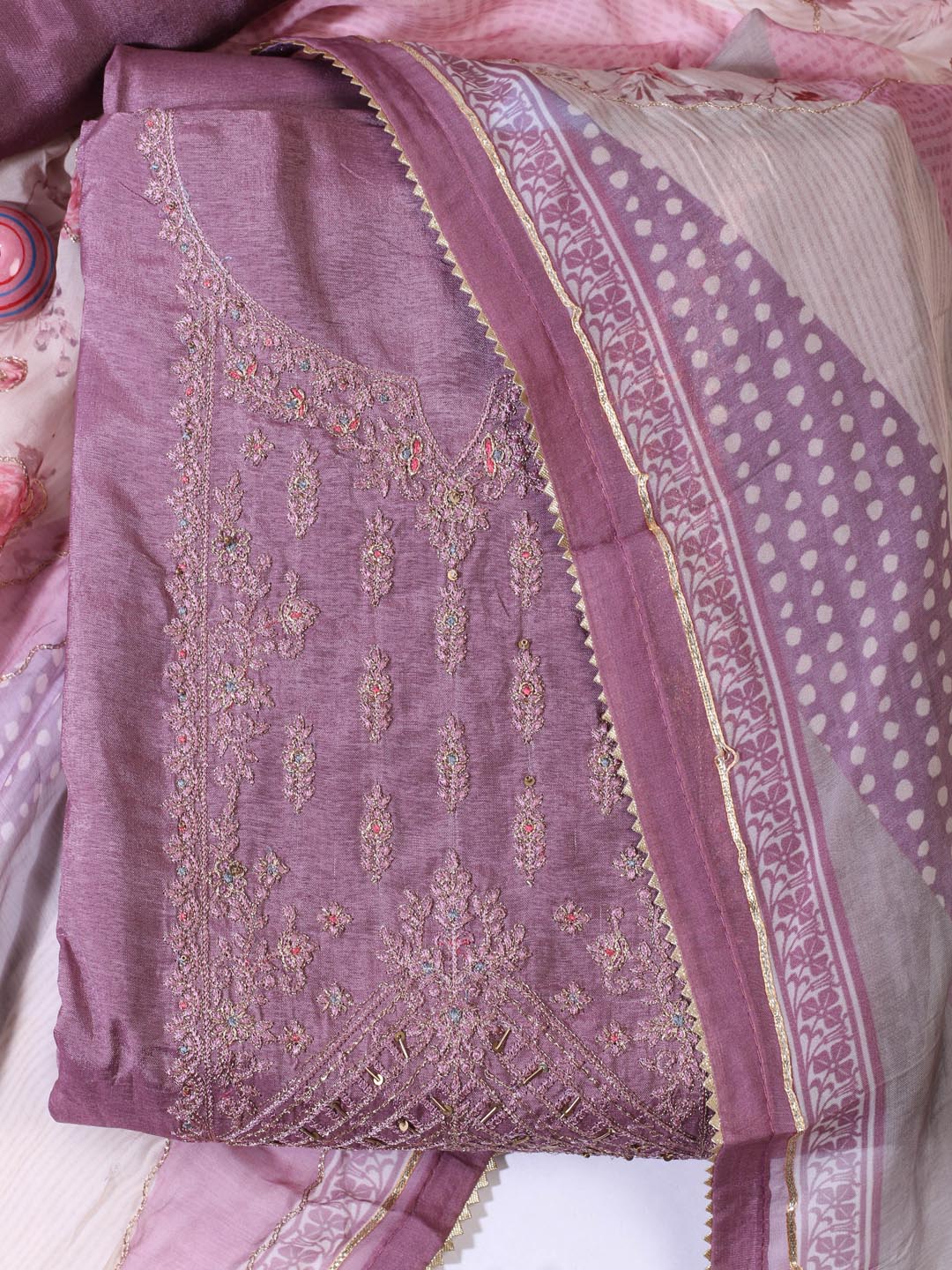 Neck Embroidered Tussar Unstitched Suit Piece With Chiffon Dupatta