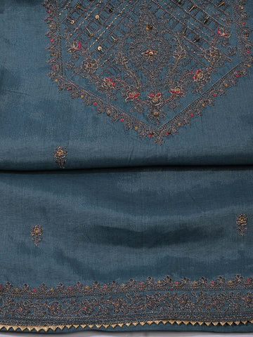 Neck Embroidered Tussar Unstitched Suit Piece With Chiffon Dupatta