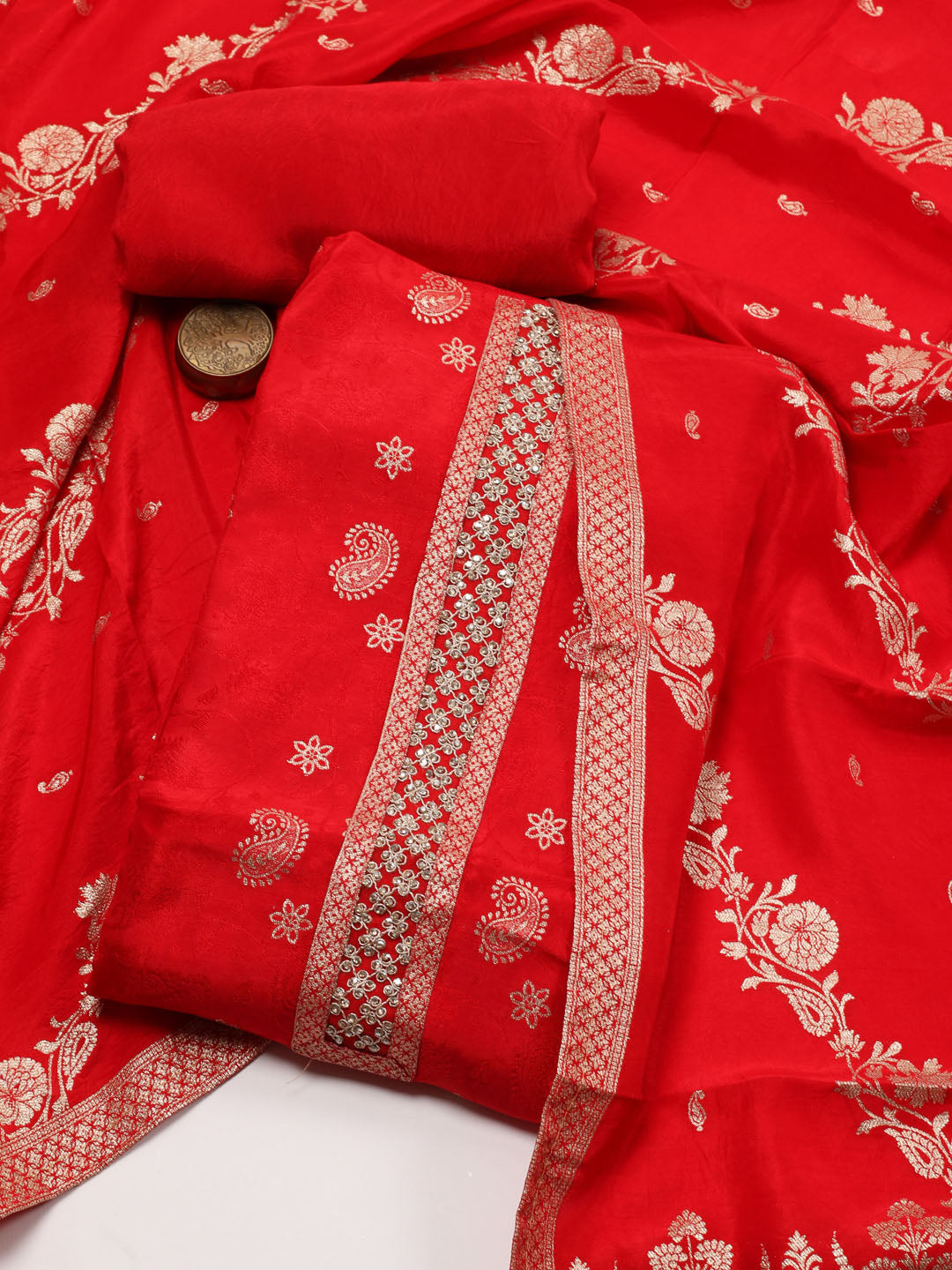 Neck Patti Chanderi Unstitched Suit Piece With Dupatta