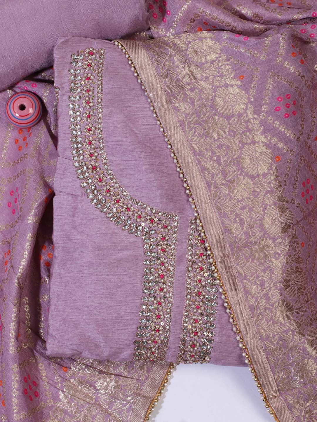 Neck Embroidered Chanderi Unstitched Suit Piece With Dupatta