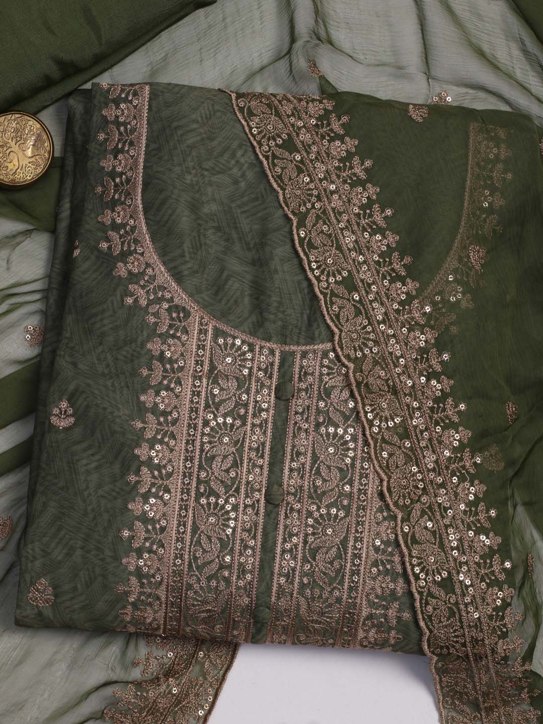 Neck Embroidered Chanderi Unstitched Suit Piece With Chiffon Dupatta