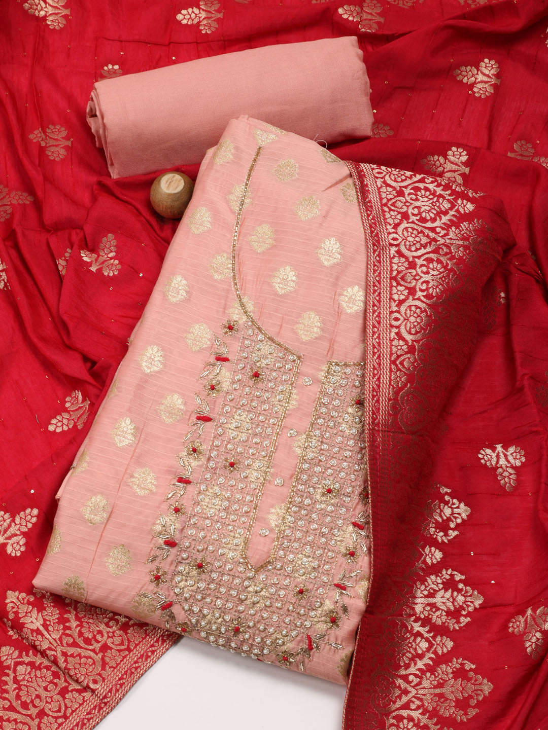 Neck Embroidered Chanderi Unstitched Suit Piece With Dupatta