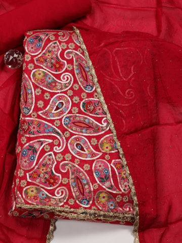 Paisley Printed & Sequin Embroidered Chinon Unstitched Suit Piece