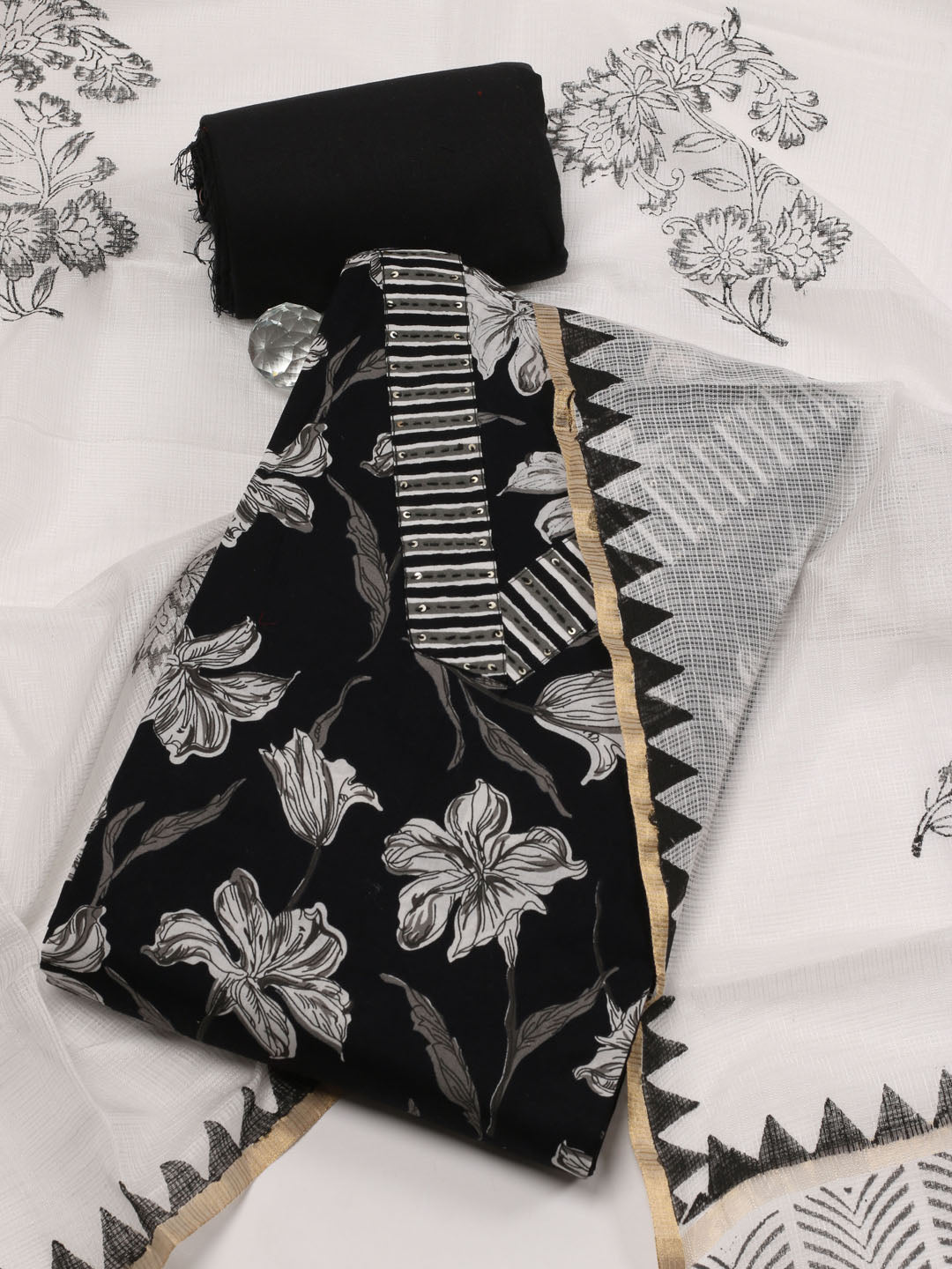 Neck Embroidered Cotton Unstitched Suit Piece With Dupatta