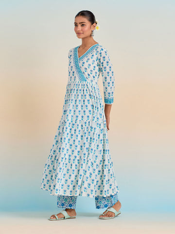 Floral Block Printed Cotton Kurta With Pants & Dupatta