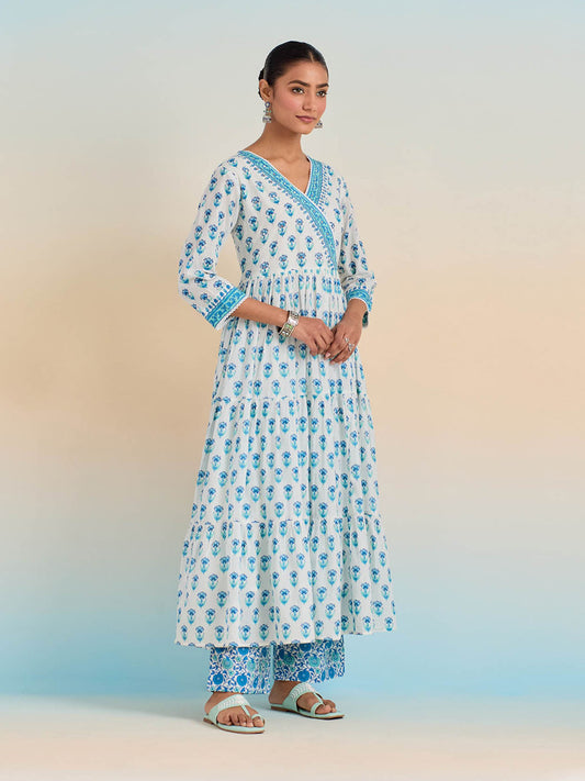 Floral Block Printed Cotton Kurta With Pants & Dupatta