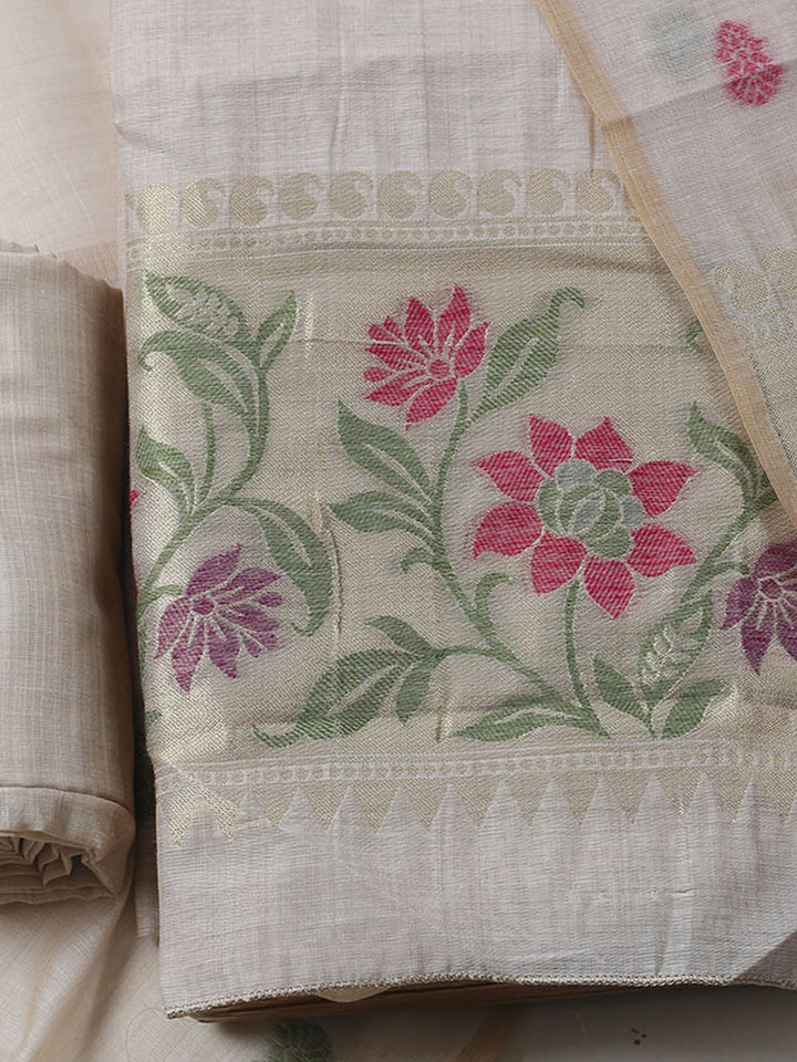 Woven Design Chanderi Unstitched Kurta With Pant &amp; Dupatta