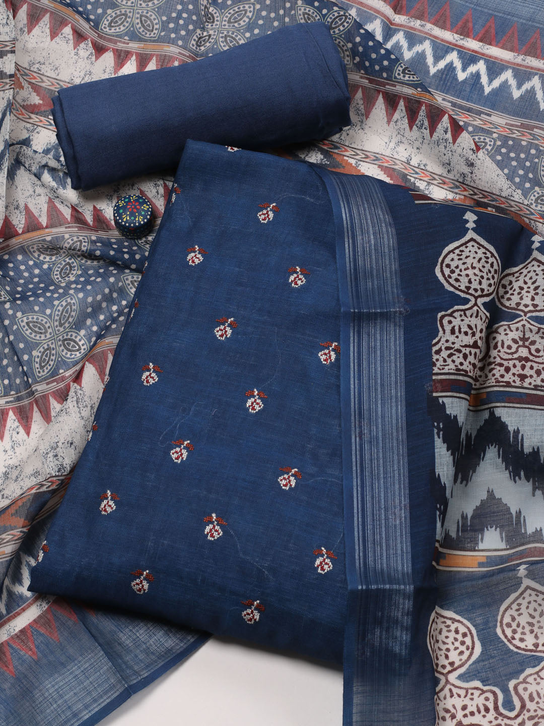 Embroidered Linen Unstitched Suit Piece With Dupatta