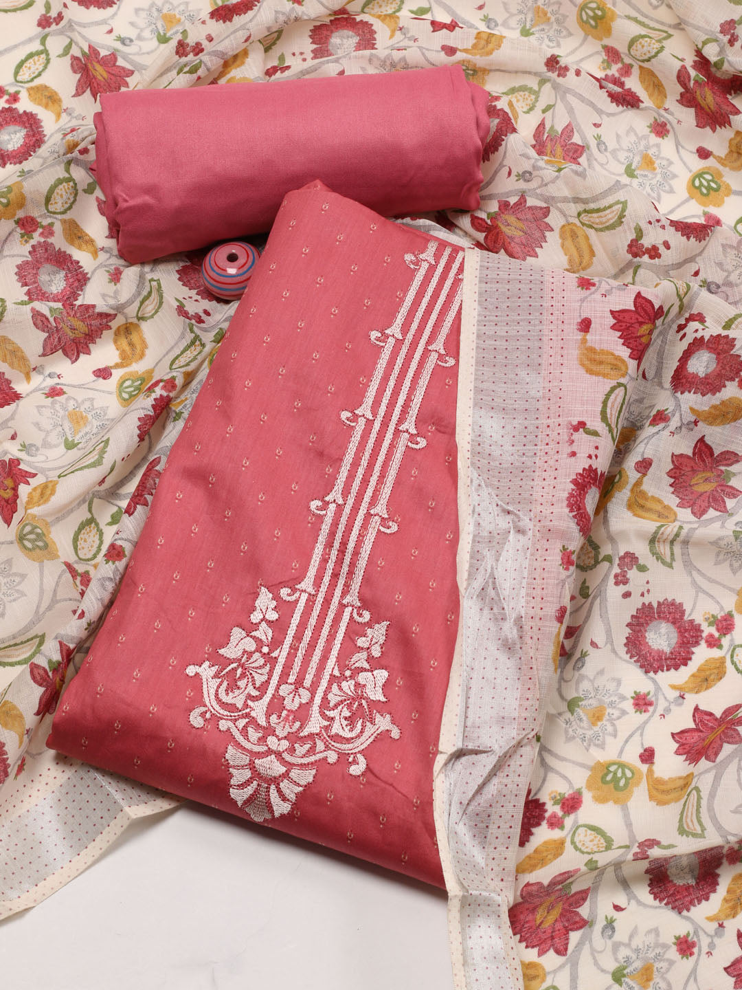 Embroidery Cotton Unstitched Suit Piece With Printed Dupatta