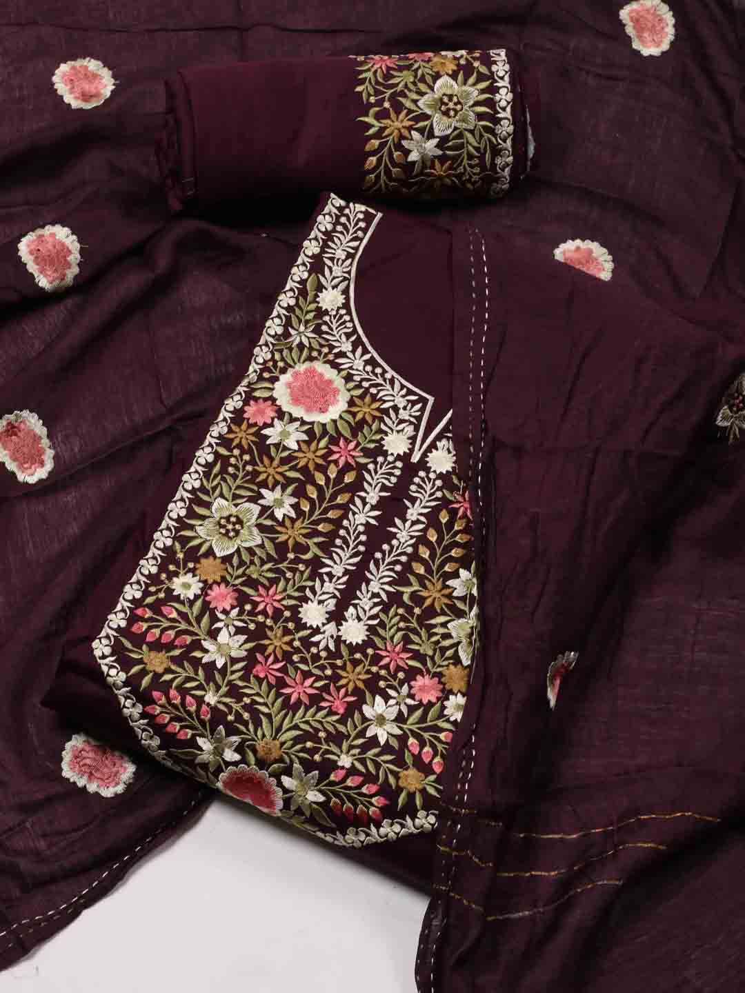 Neck Embroidered Chanderi Unstitched Suit Piece With Dupatta