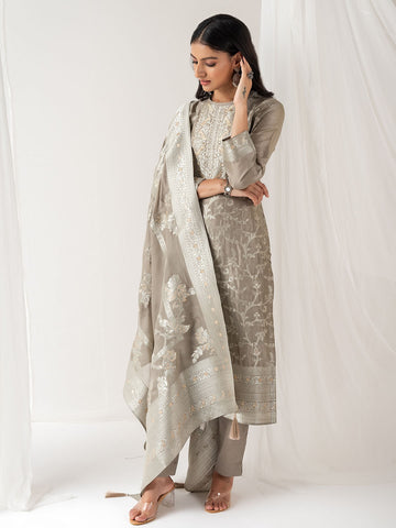 Zari Floral Woven Handloom Unstitched Suit Piece With Dupatta