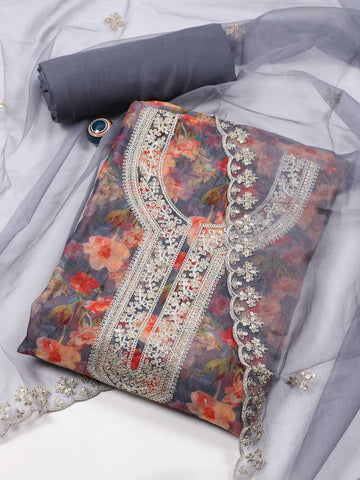Floral Print Organza Unstitched Suit Piece With Dupatta
