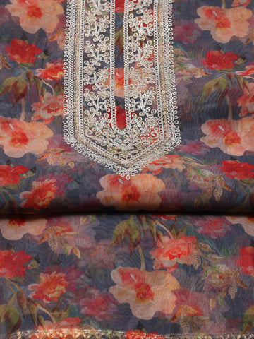 Floral Print Organza Unstitched Suit Piece With Dupatta