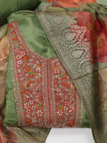 Neck Embroidered Organza Unstitched Suit Piece With Printed Dupatta