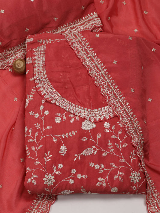Floral Jaal Embroidery Chinon Unstitched Suit Piece With Dupatta