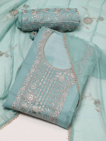 Neck Embroidered Organza Unstitched Suit Piece With Dupatta