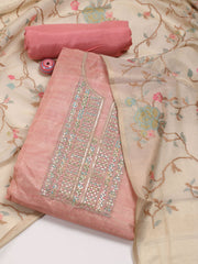 Neck Embroidered Chanderi Unstitched Suit Piece With Dupatta