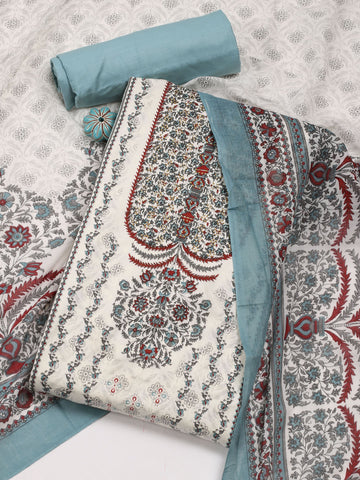 Printed Neck Embroidery Cotton Unstitched Suit Piece With Dupatta