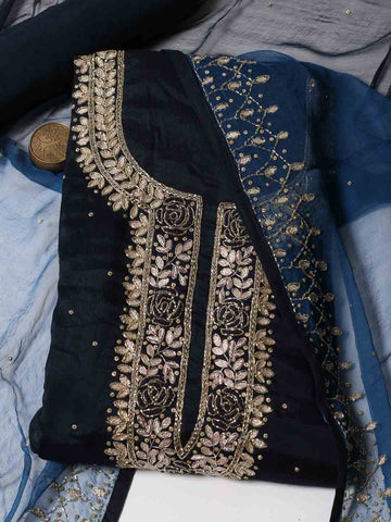 Neck Embroidered Chinnon Unstitched Suit Piece With Printed Dupatta