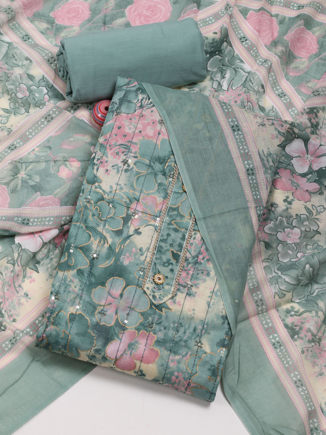 Printed Neck Embroidery Cotton Unstitched Suit Piece With Dupatta
