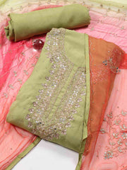 Neck Embroidered Chinnon Unstitched Suit Piece With Dupatta